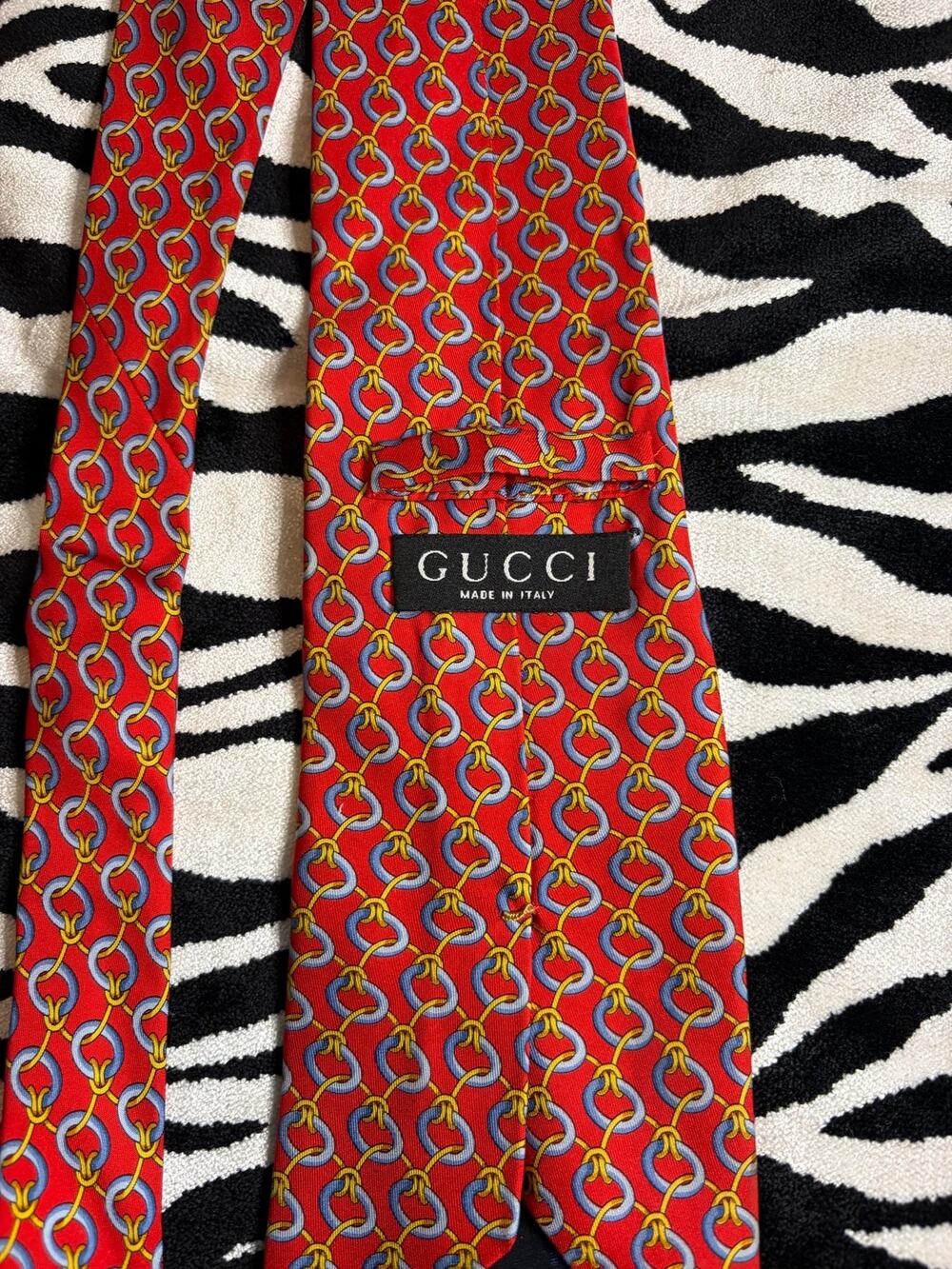 Vintage Gucci 100% Silk Tie Red Blue Gold Chain Equestrian Print Made in Italy
